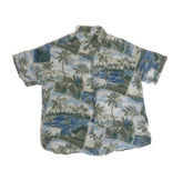 Vintage Y2K mens light green pale blue hibiscus palm trees print Hawaiian eccentric statement quirky